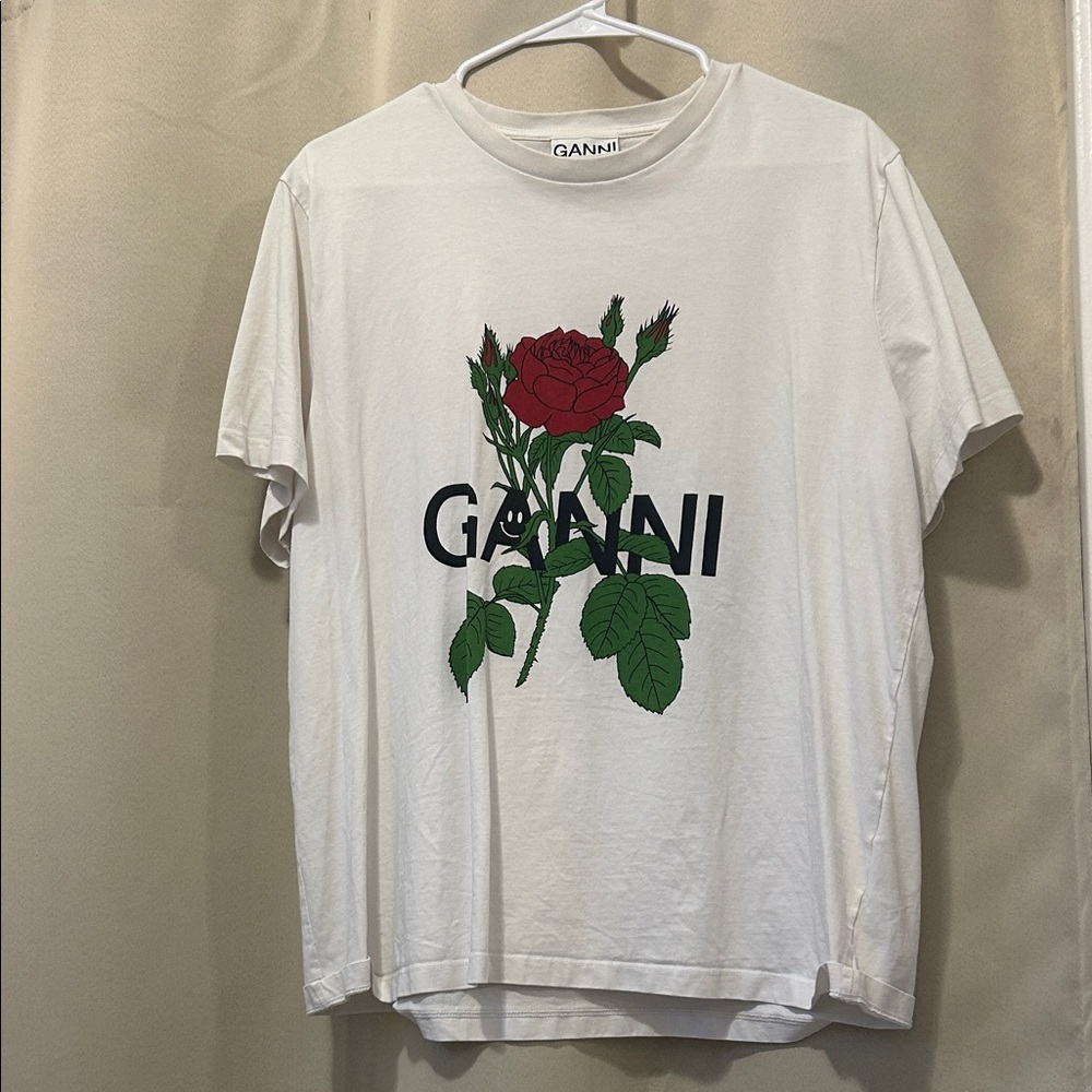 Ganni White Tee with Red and Green Rose Design